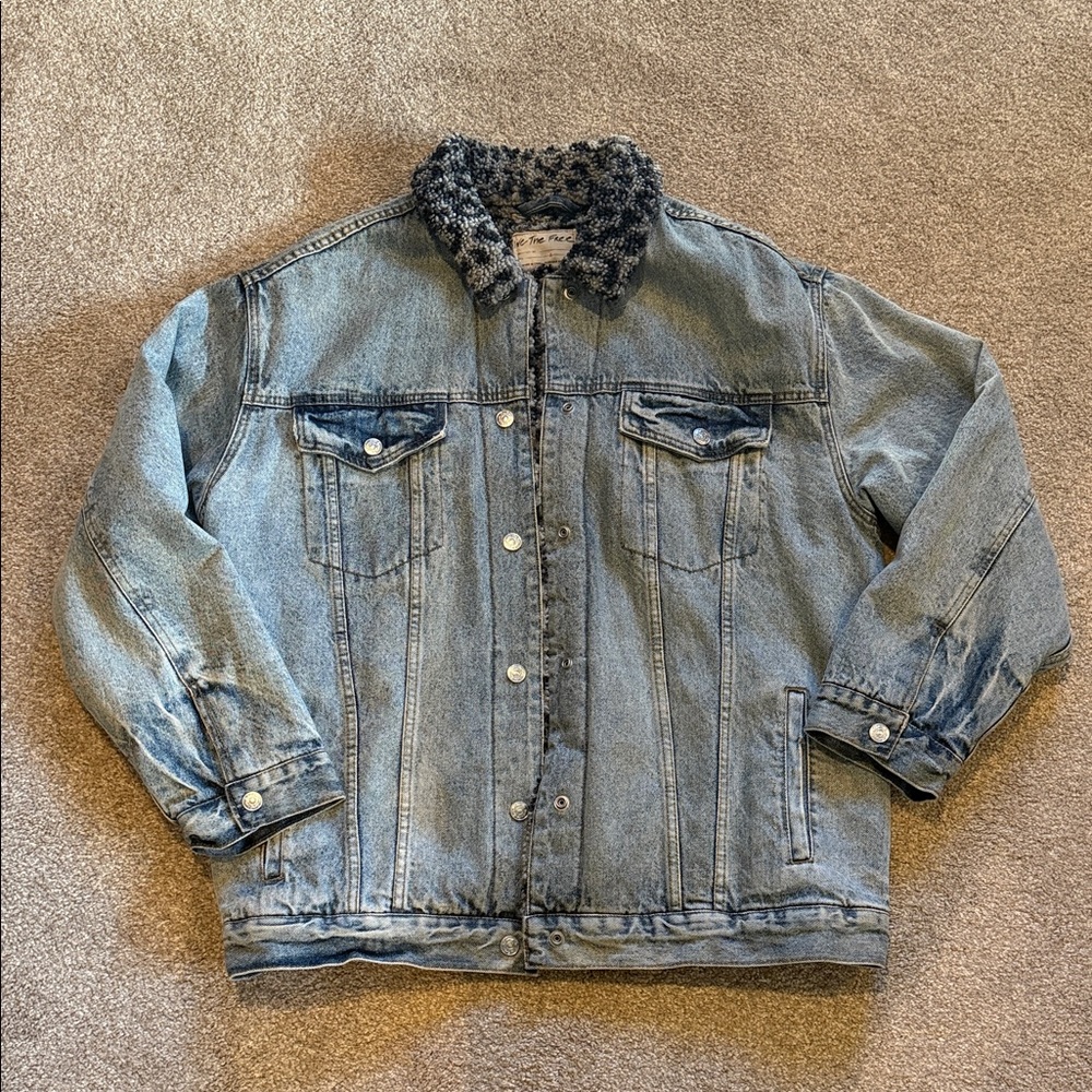 Free People/We the Free Denim Leopard Sherpa Trucker Jacket L